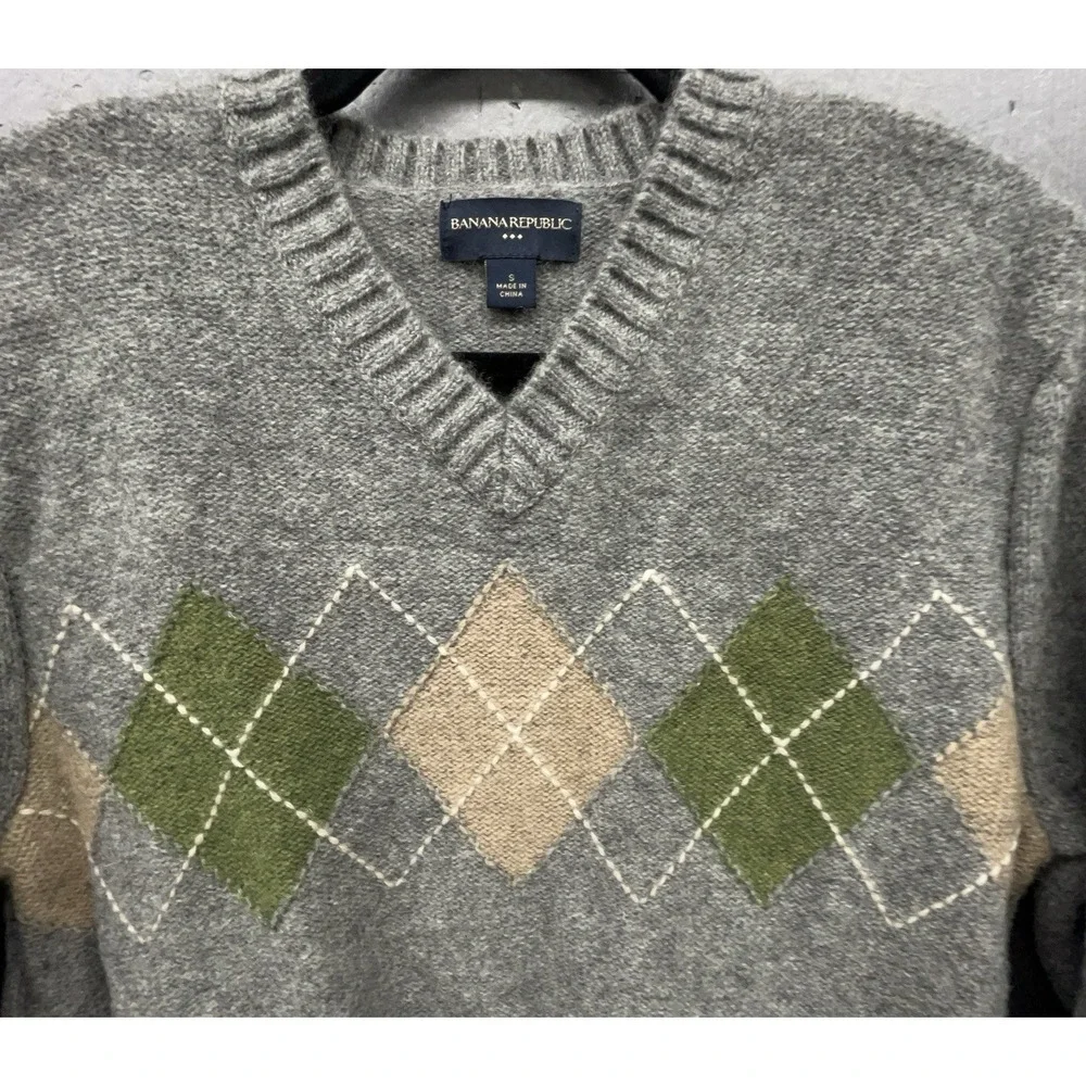 Banana Republic Wool Sweater Men S Gray Argyle V Neck Pullover Preppy Academia